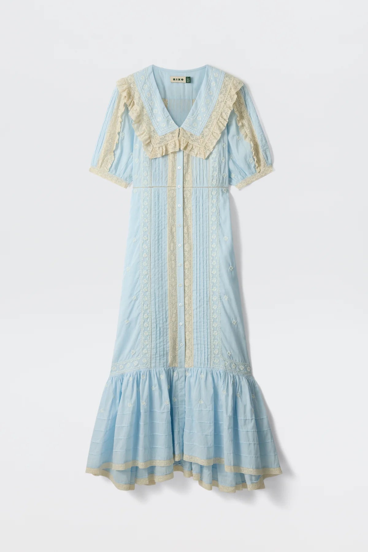 Rixo Edina Cotton Midi Dress Mira Embroidery Powder Blue