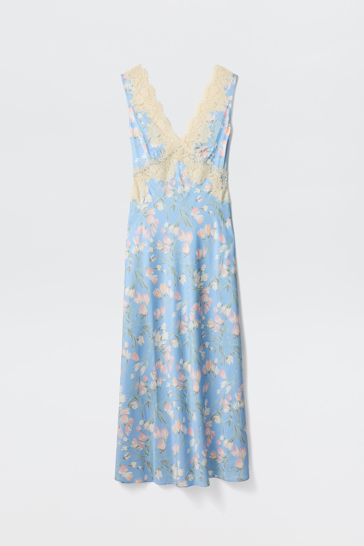 Rixo Lysandra Satin Mid Dress Watercolour Floral Blue