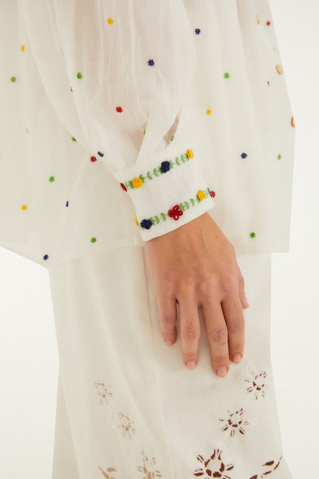 Off White Embroidered Beads Long Sleeve Blouse