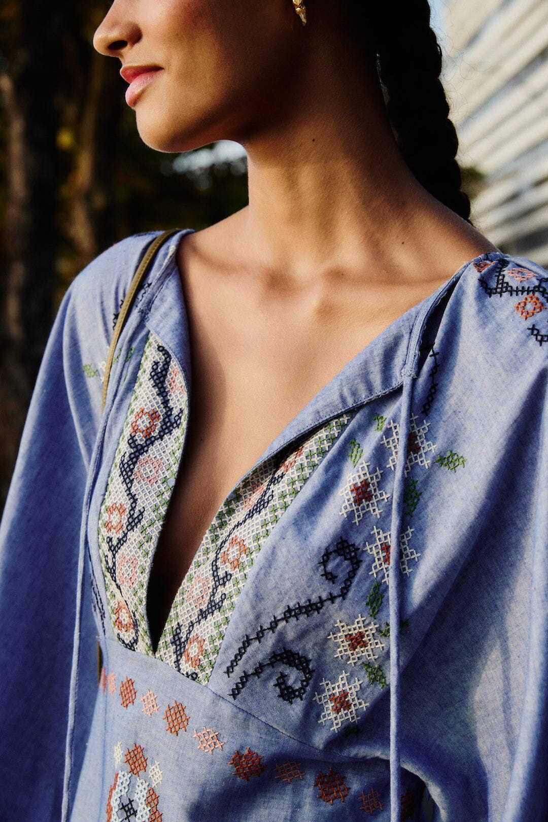 Garden Tapestry Blue Embroiderer Long Sleeve Midi