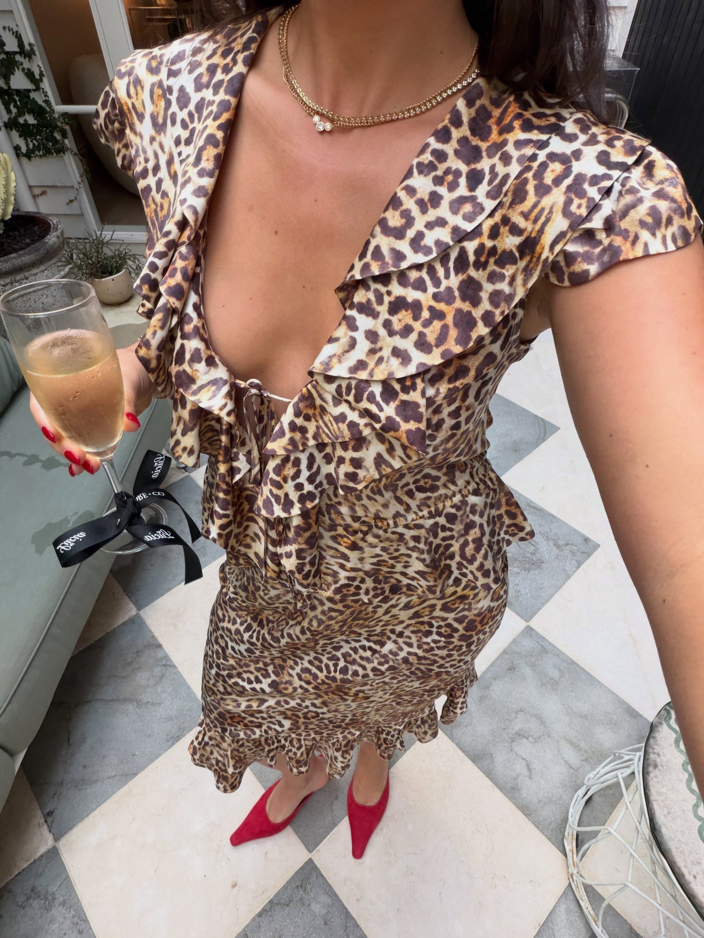 With Harper Lu Frill Cap Sleeve Cardigan Silk Leopard