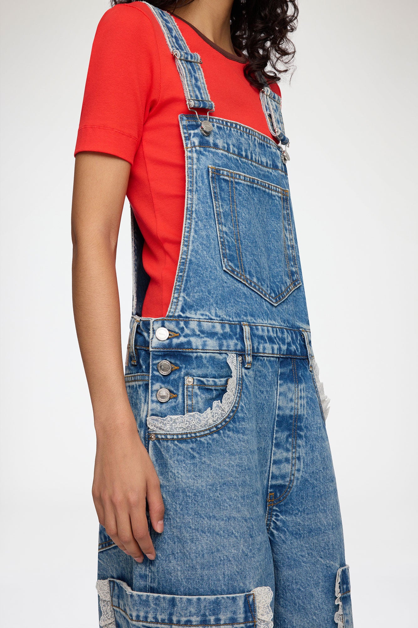 Ganni Overalls Cropped Lace in Rigid Denim
