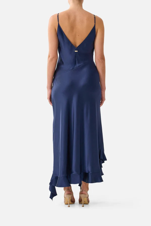 Camilla Bias Slip Dress With Frill Hem Navy