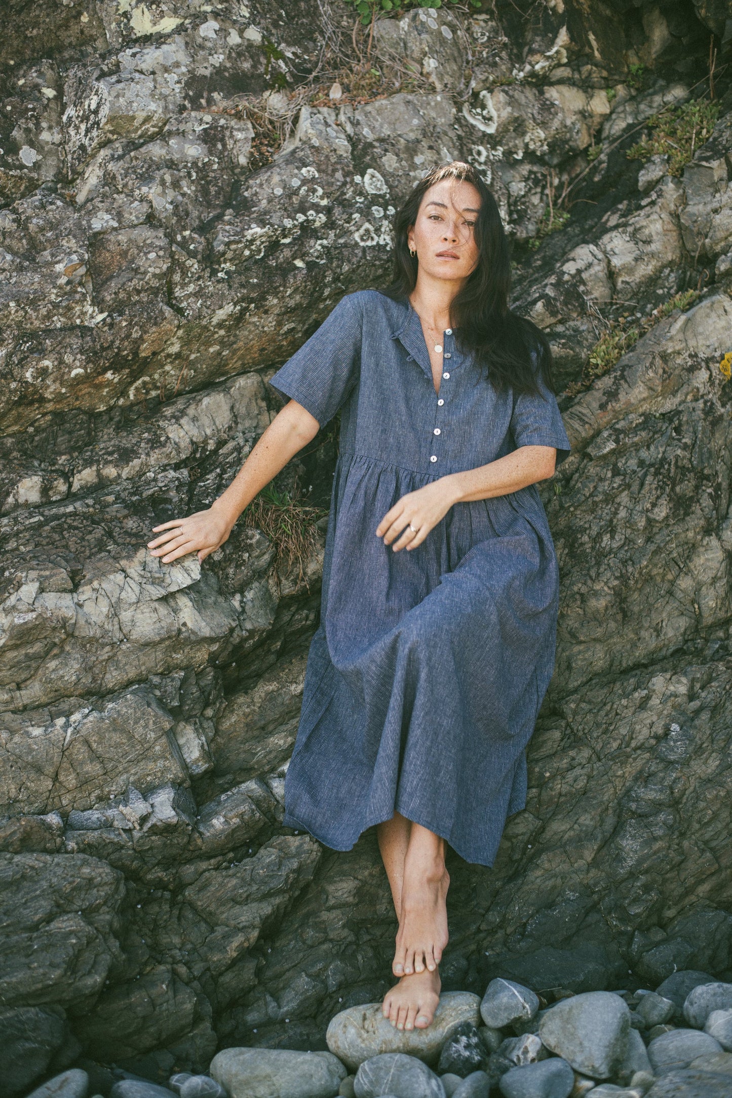 Darcey Midi Tie Dress Navy Pinstripe