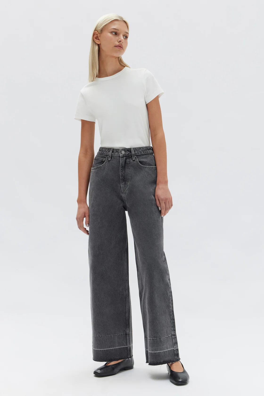 ASSEMBLY LABEL Distressed Hem Wide Leg Jean Charcoal Laneway Boutique