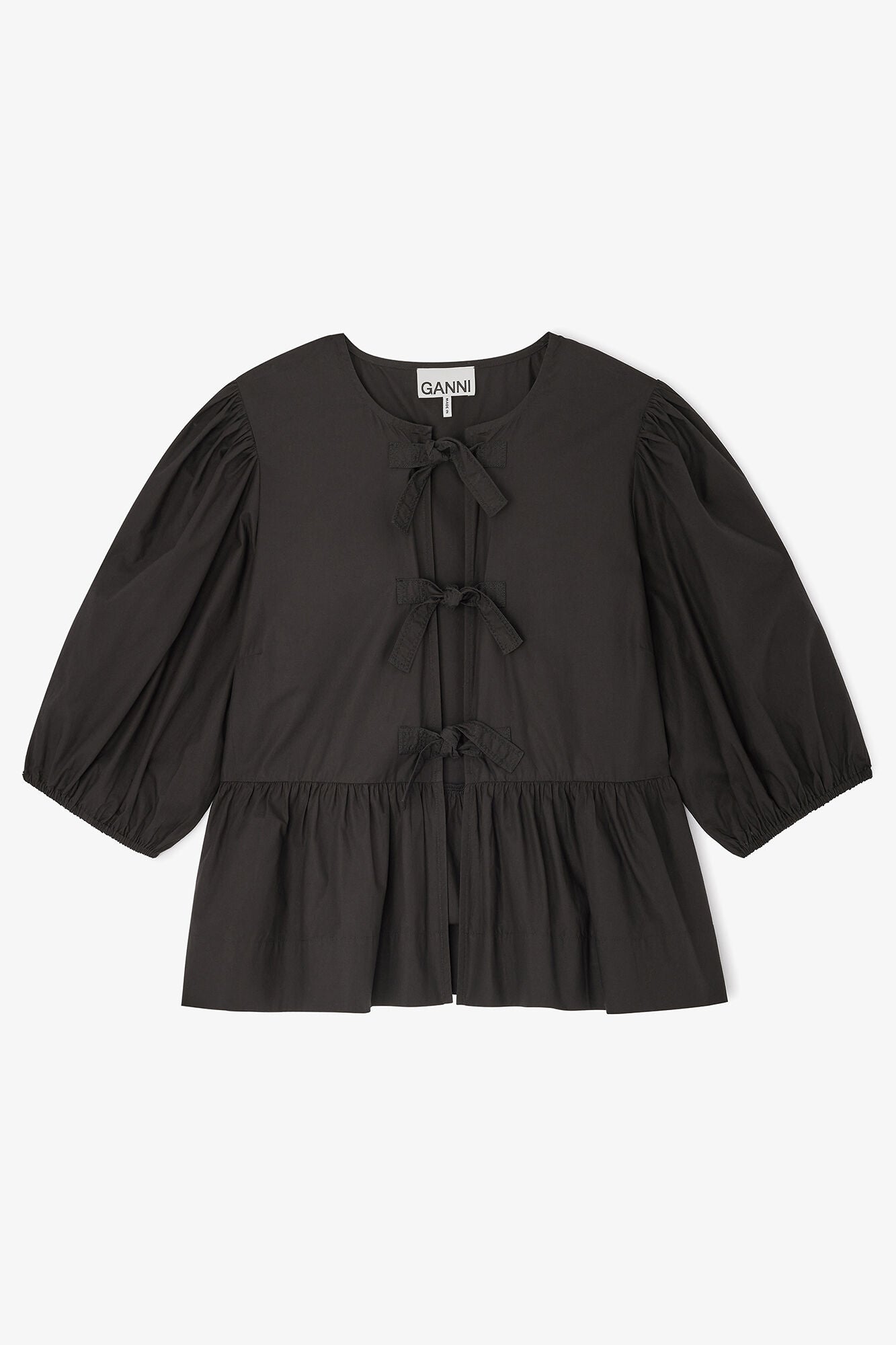 Cotton Poplin Peplum Tie Blouse Black