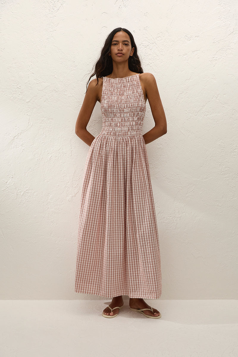 Laia Maxi Dress Check Cinnamon White