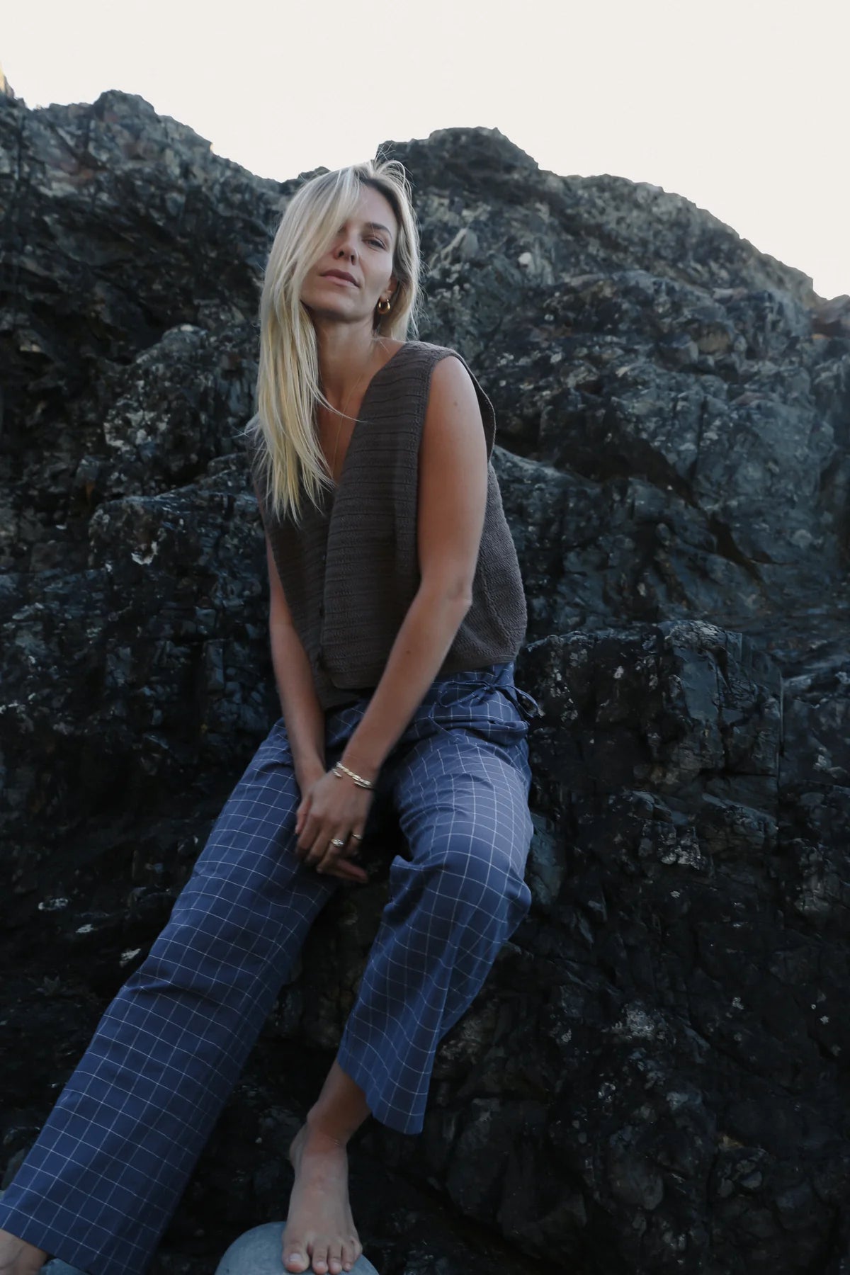 The Bare Road Mika fold pant Indigo plaid