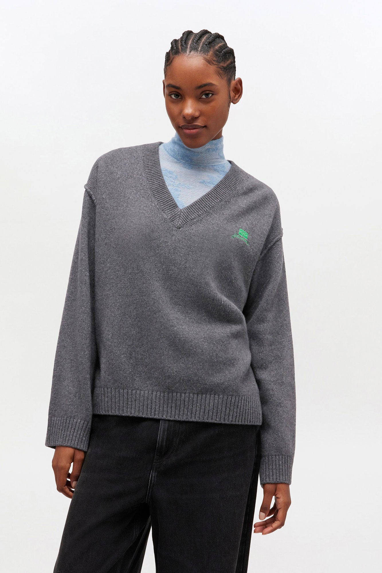 Grey Wool Mix V neck Jumper
