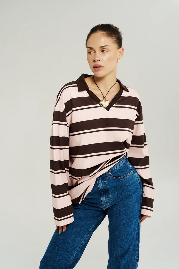Long Sleeve Polo Choc Rose Stripe