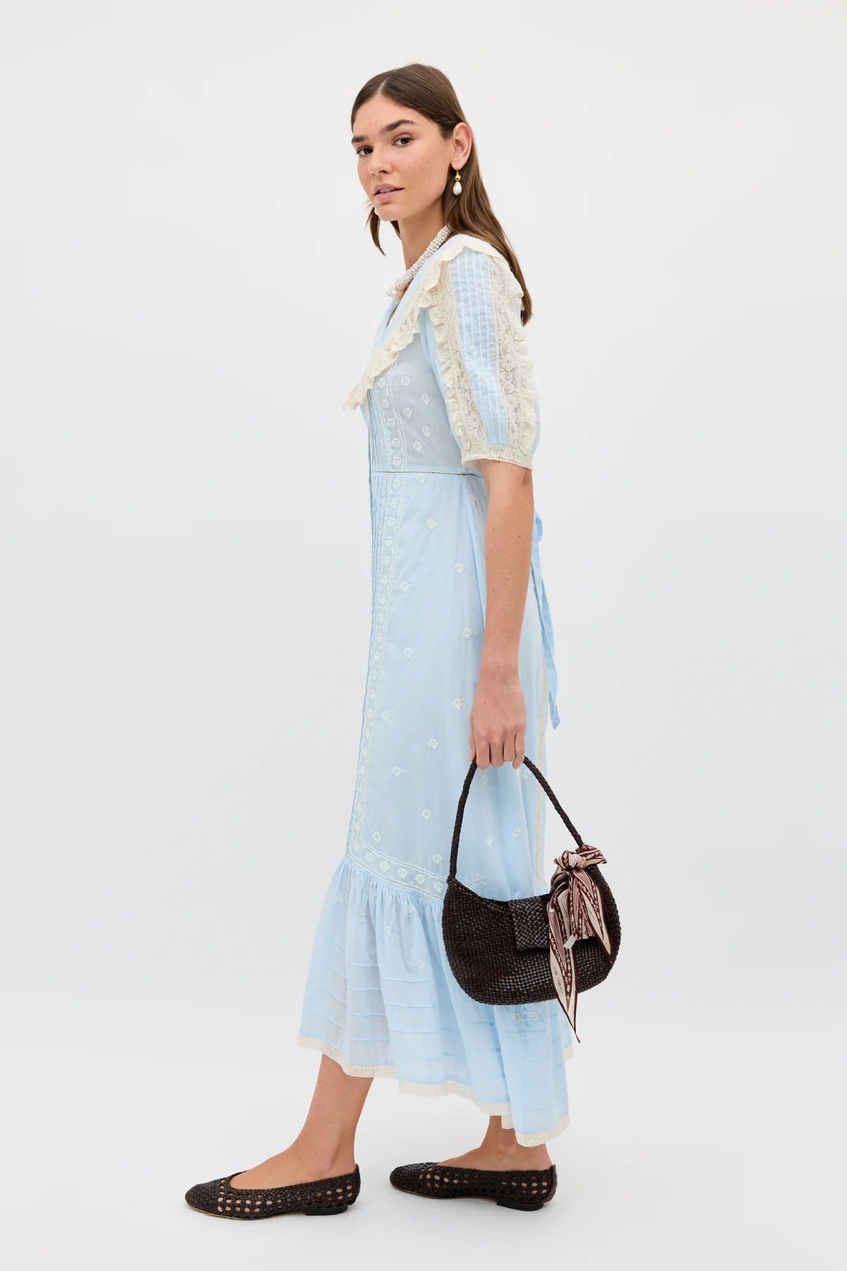 Edina Cotton Midi Dress Mira Embroidery Powder Blue