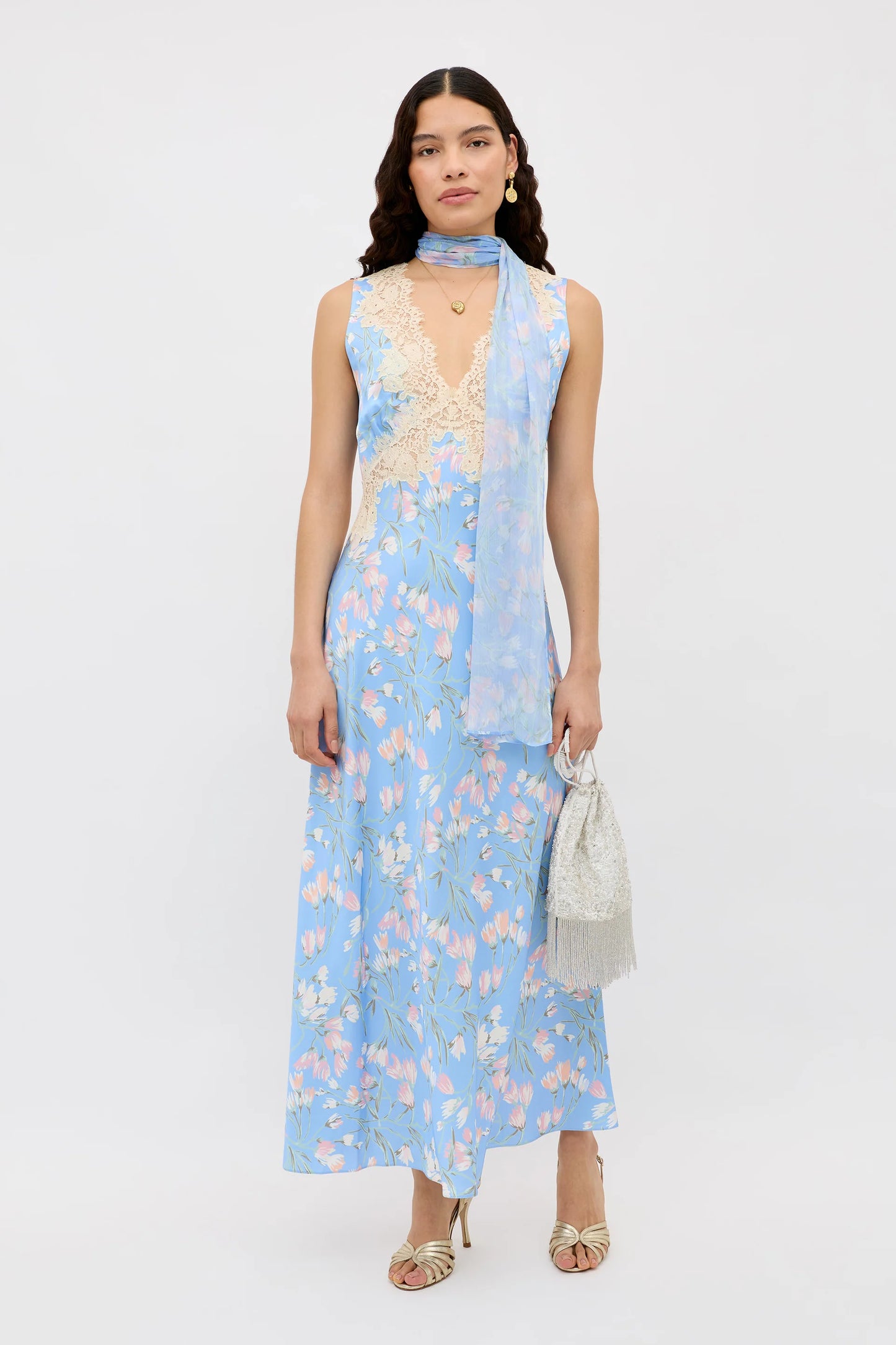 Lysandra Satin Mid Dress Watercolour Floral Blue