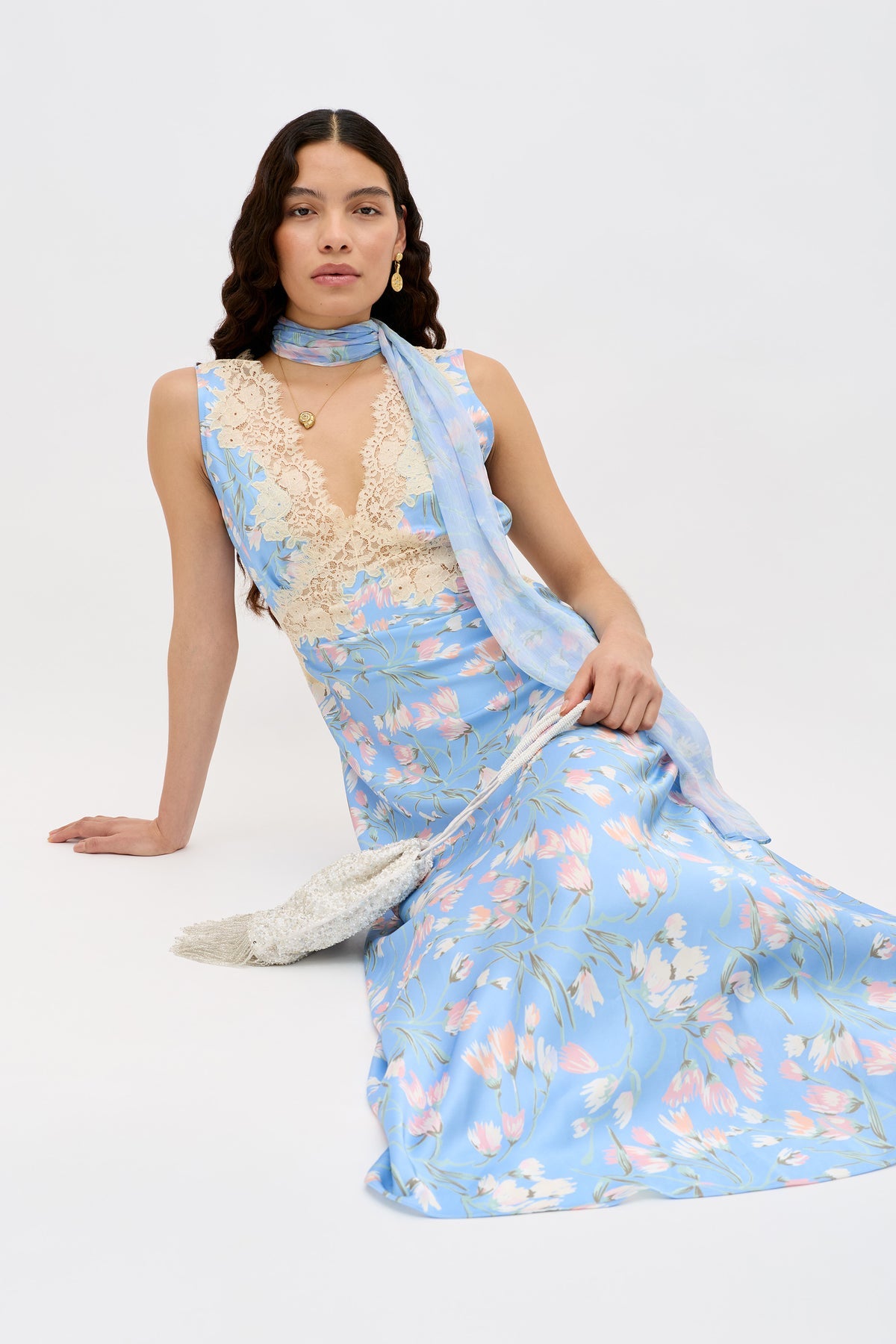 Lysandra Satin Mid Dress Watercolour Floral Blue