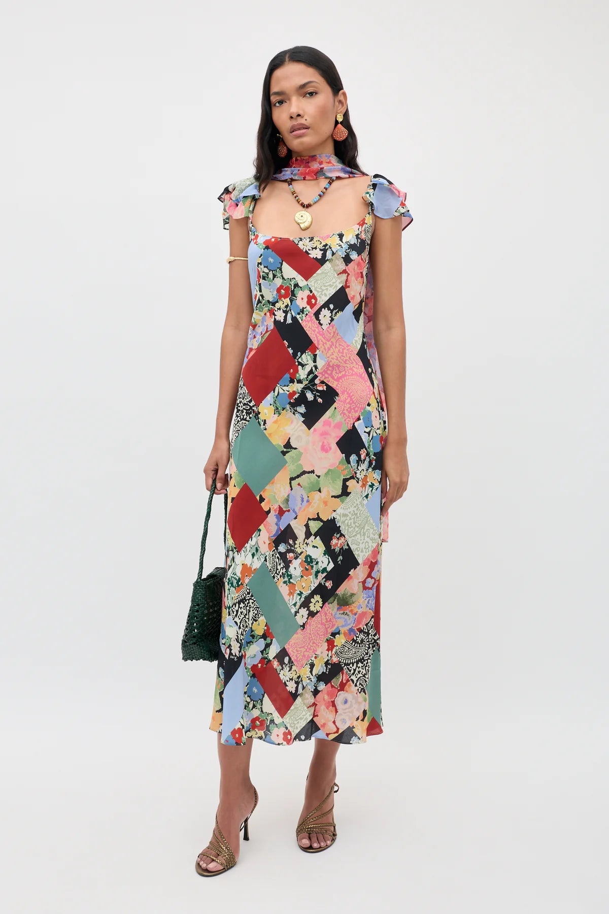 Rixo Adele Silk Midi Dress Olivia Patchwork Multi