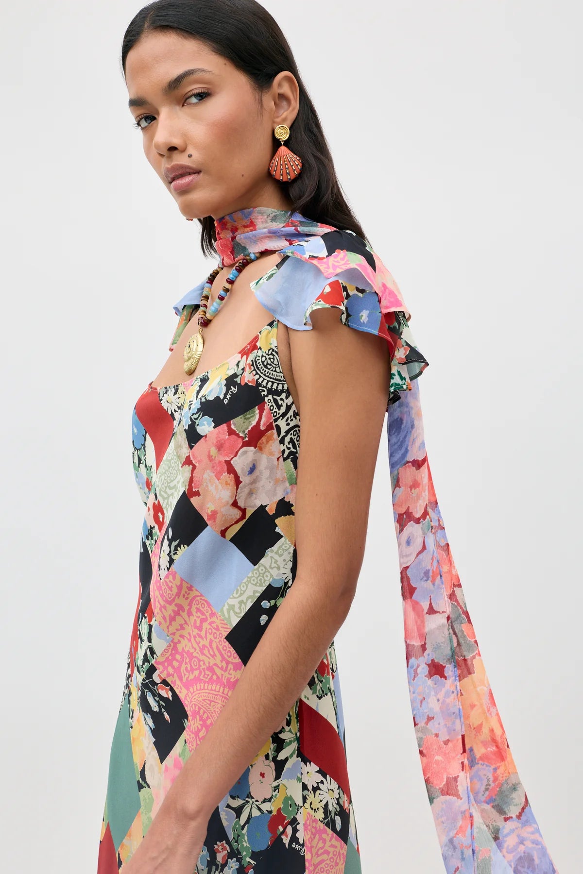 Rixo Adele Silk Midi Dress Olivia Patchwork Multi