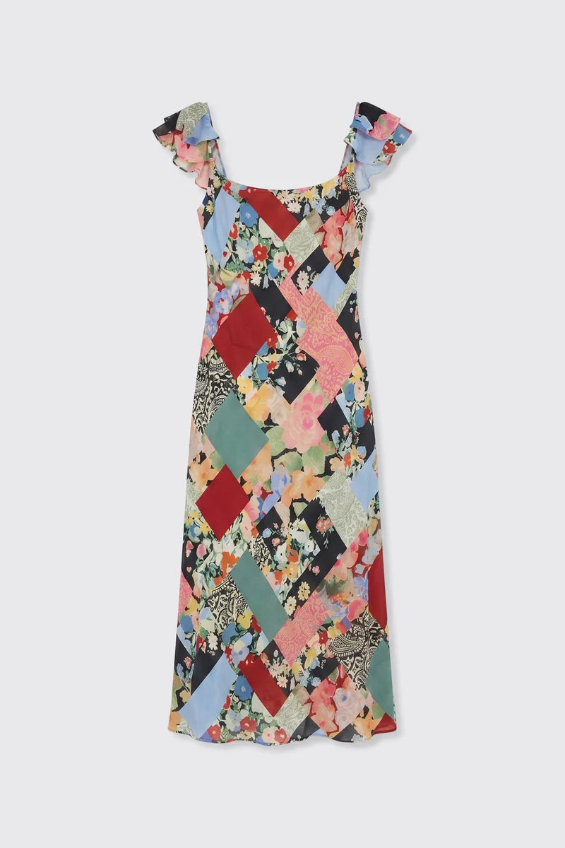 Rixo Adele Silk Midi Dress Olivia Patchwork Multi