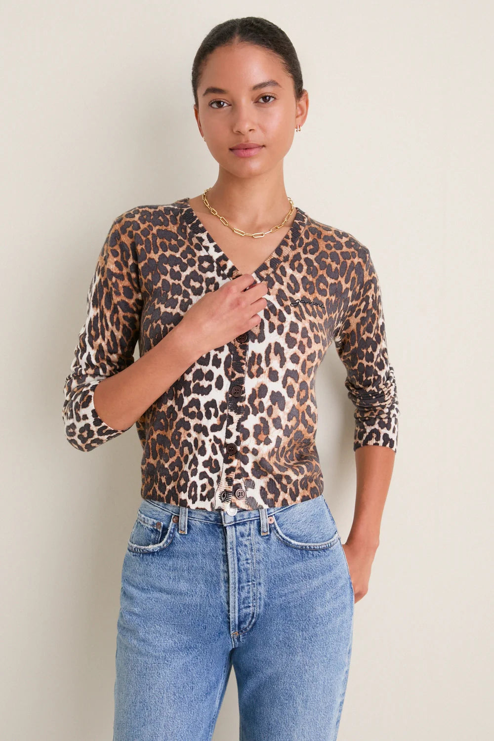 Ganni Printed Merino Cardigan Almond Milk