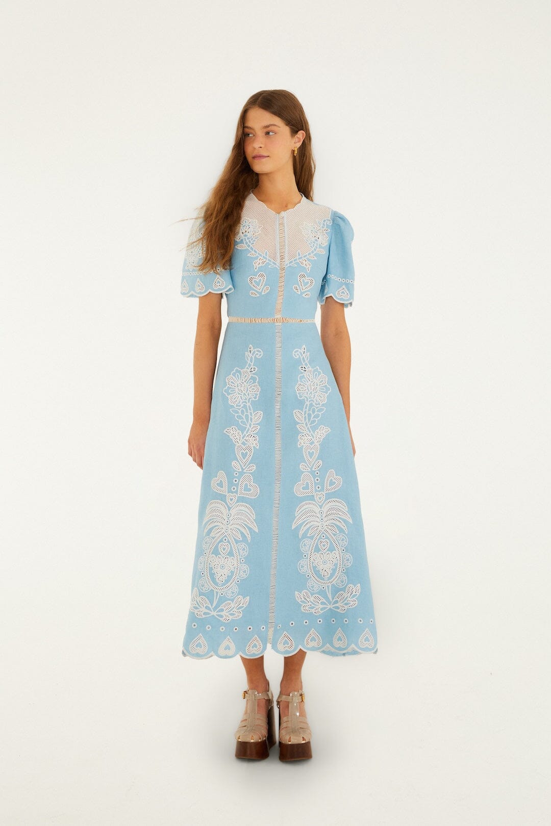 Light Blue Embroidery Short Sleeve Midi Dress