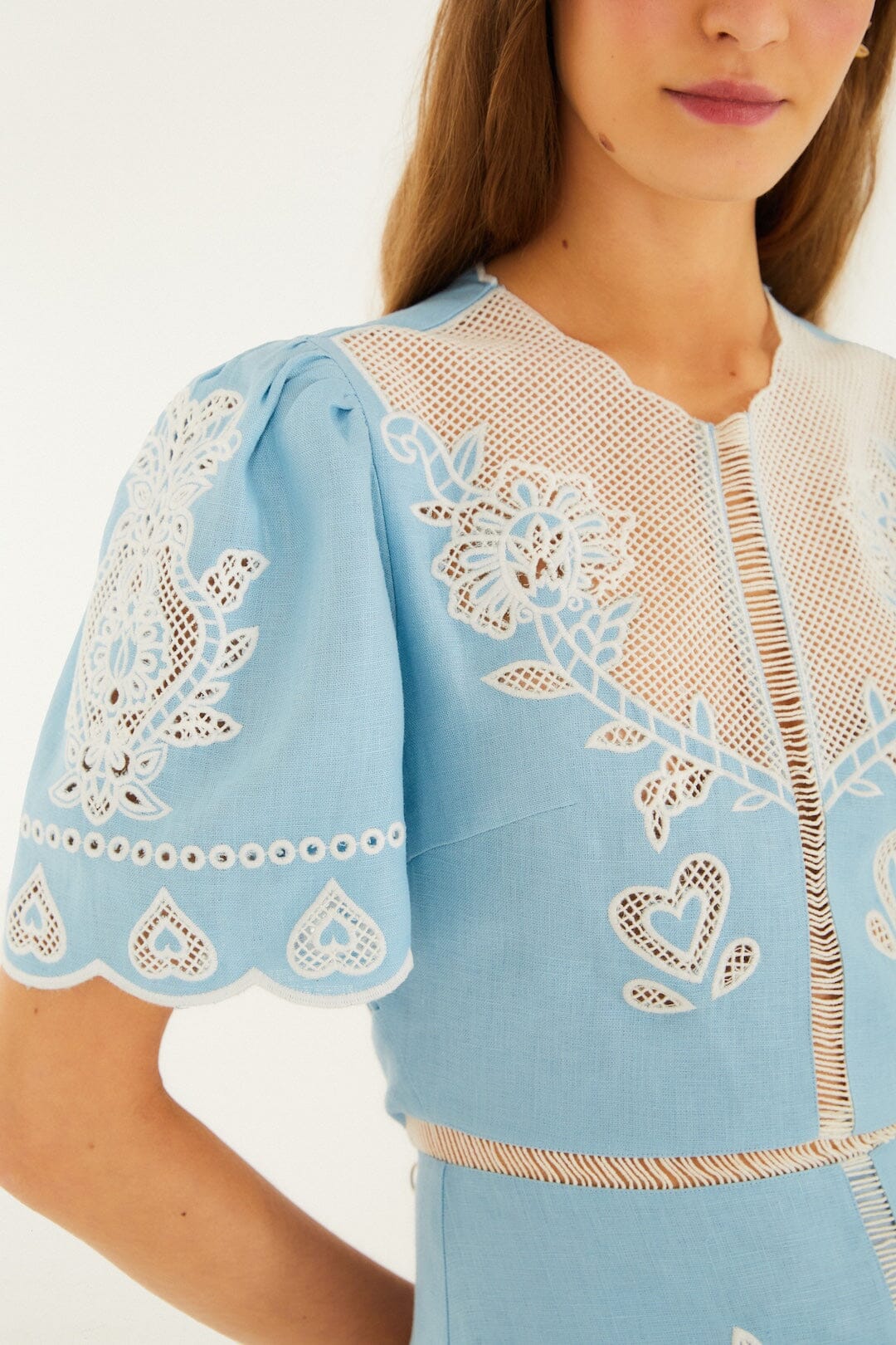 Light Blue Embroidery Short Sleeve Midi Dress