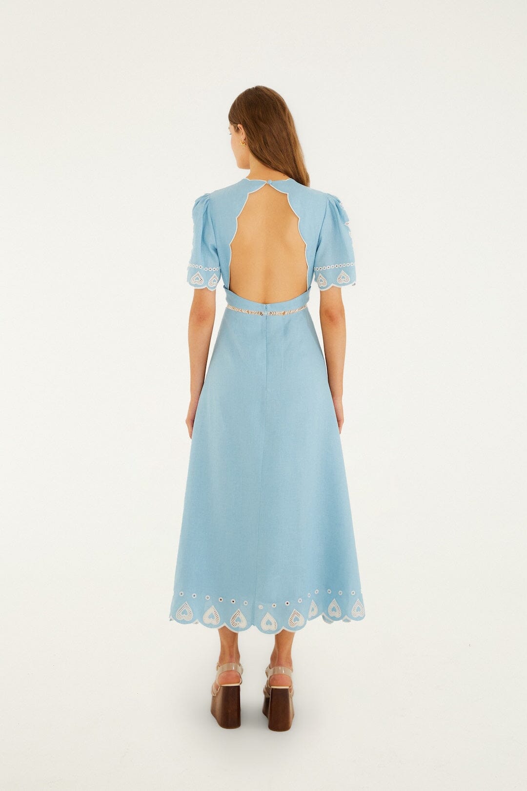 Light Blue Embroidery Short Sleeve Midi Dress
