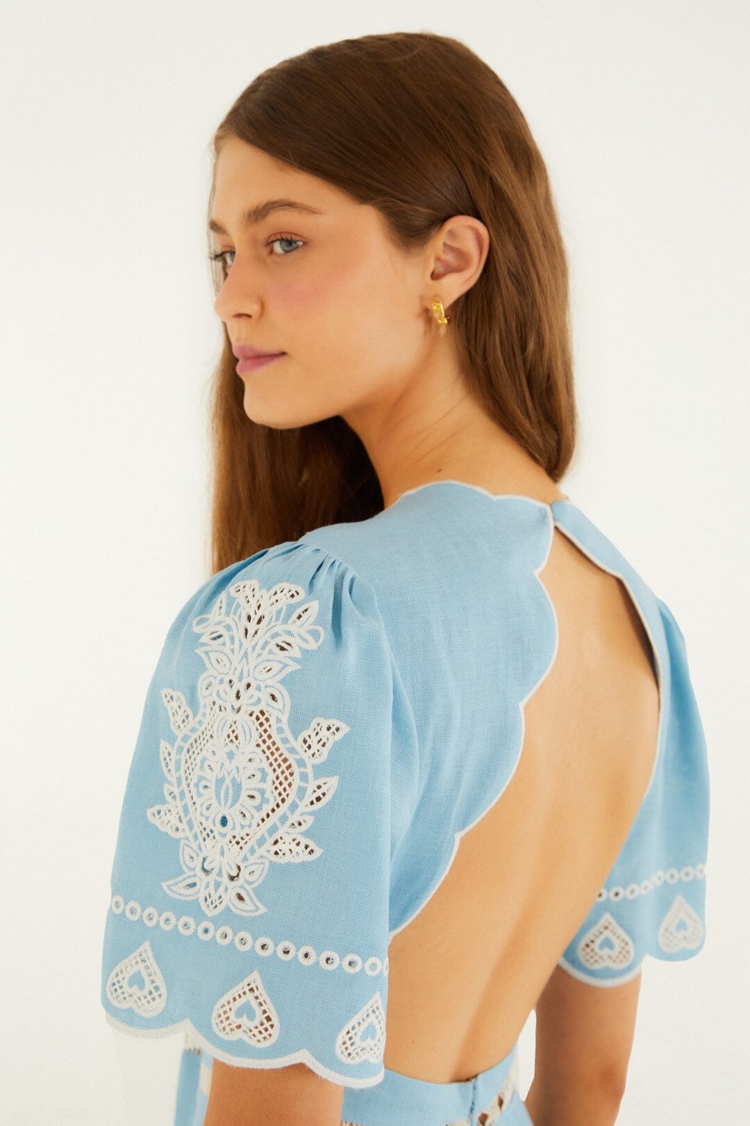 Light Blue Embroidery Short Sleeve Midi Dress