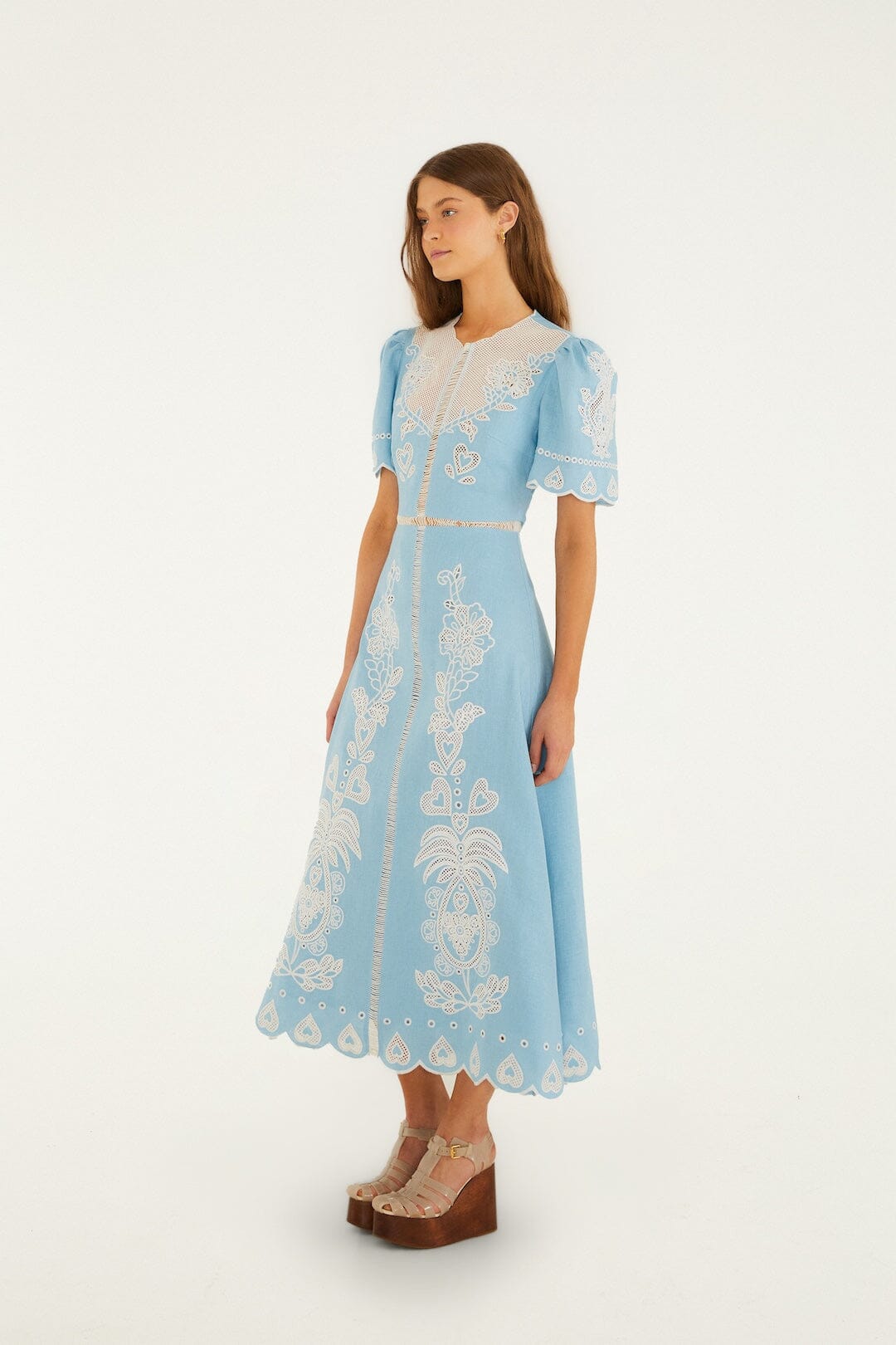 Light Blue Embroidery Short Sleeve Midi Dress