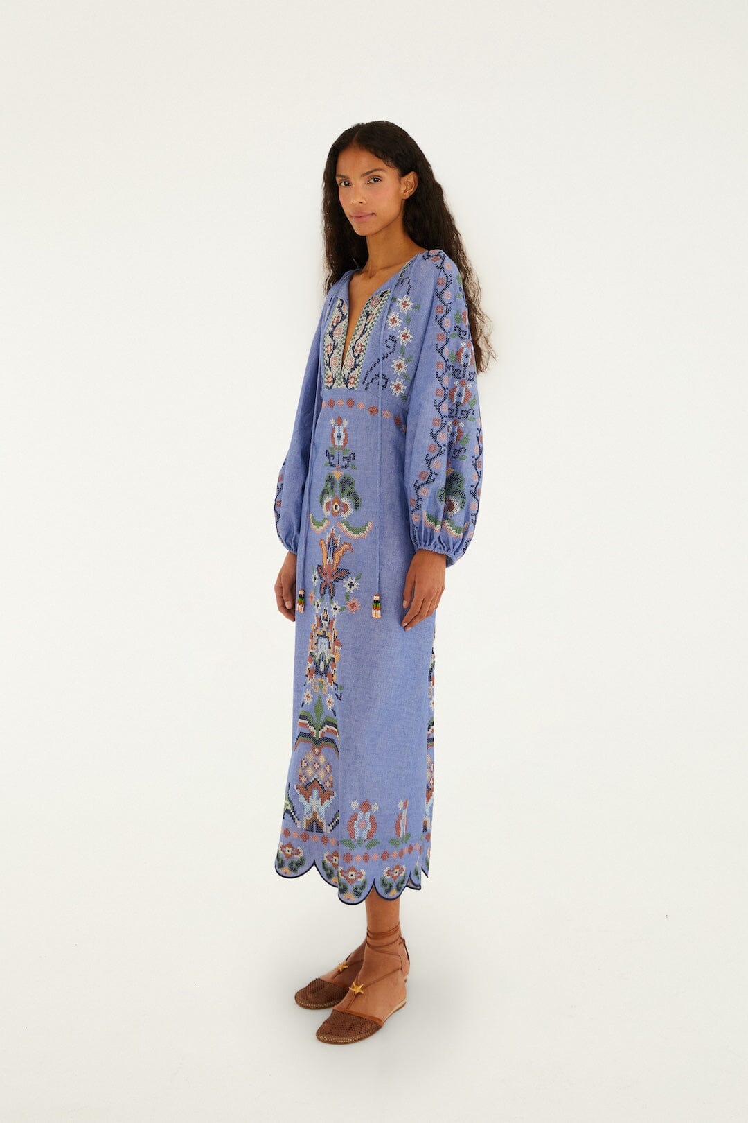 Garden Tapestry Blue Embroiderer Long Sleeve Midi
