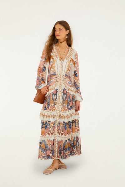 Farm Rio Sea Garden Off White Braid Details Long Dress