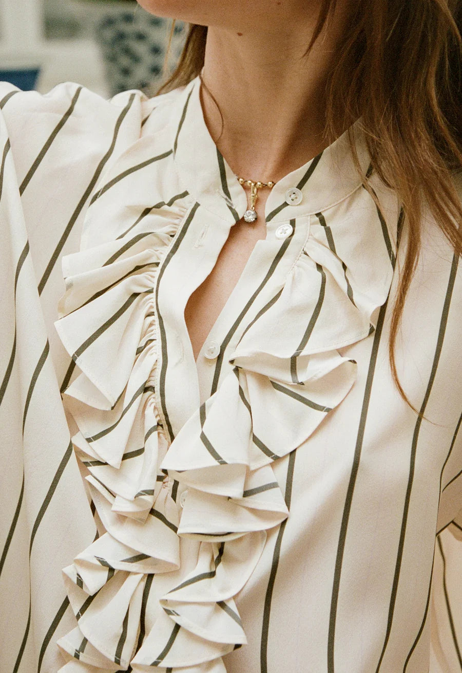 Maggie Marilyn For the Frill Of It Shirt Marshmallow and Olive Stripe