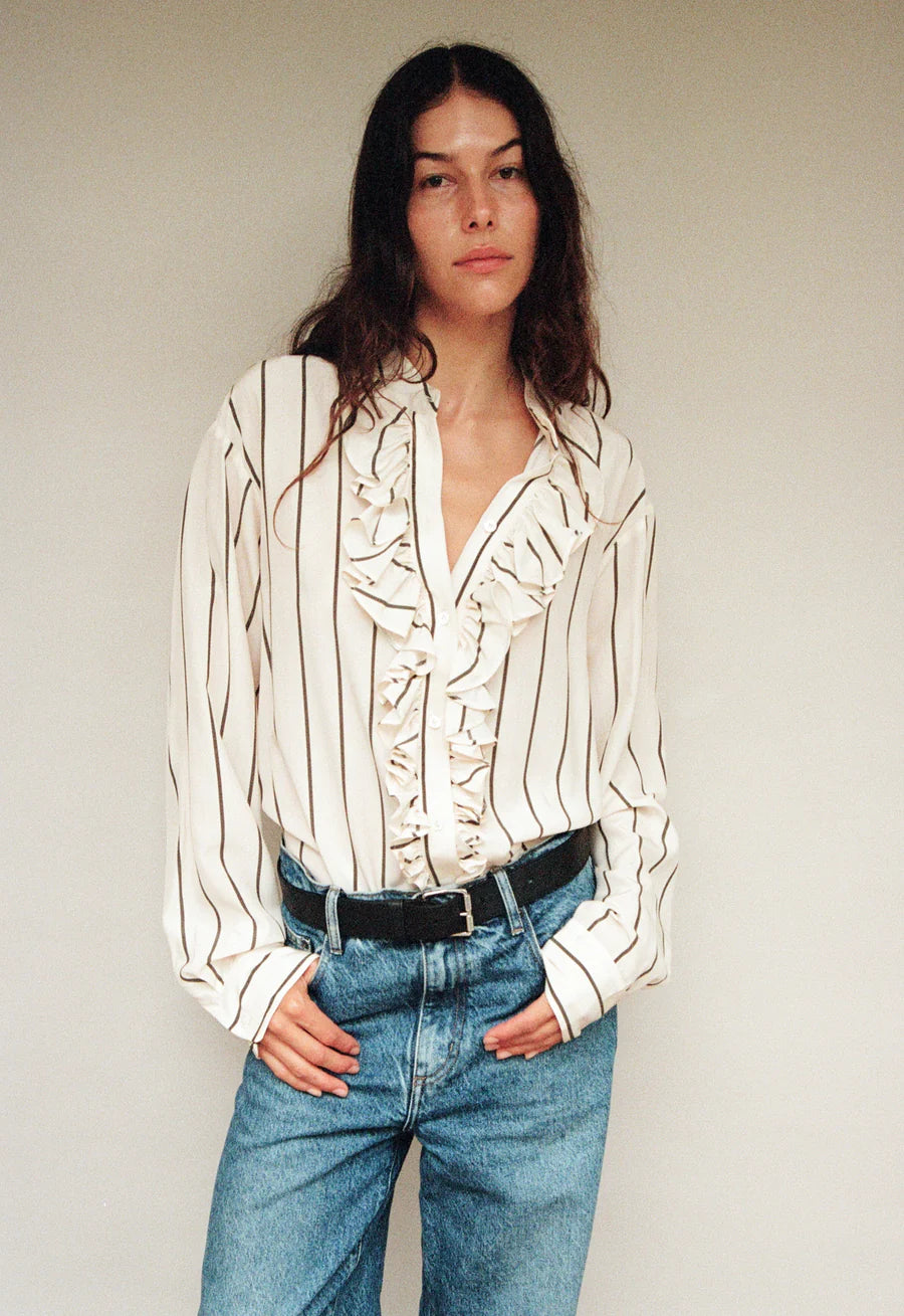 Maggie Marilyn For the Frill Of It Shirt Marshmallow and Olive Stripe