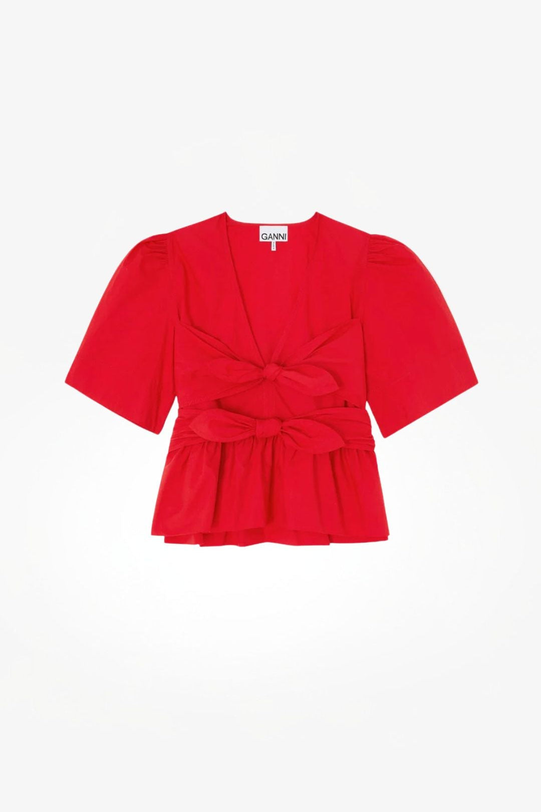 Ganni Cotton Poplin Bow Blouse Red