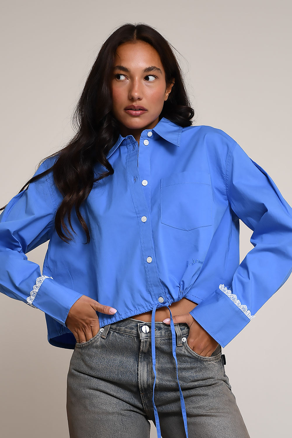 Ganni Stretch Cotton Cropped Bowling Shirt