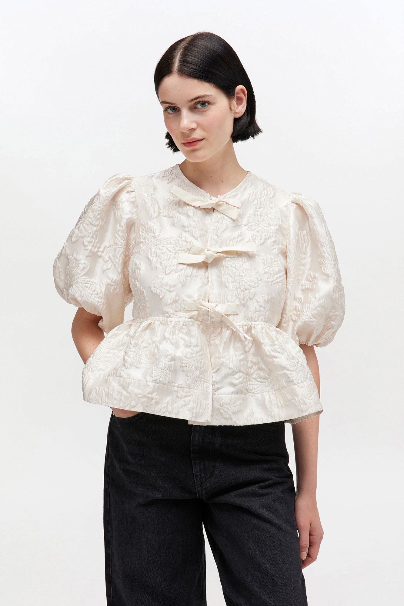 Satin Peplum Tie Blouse Egret