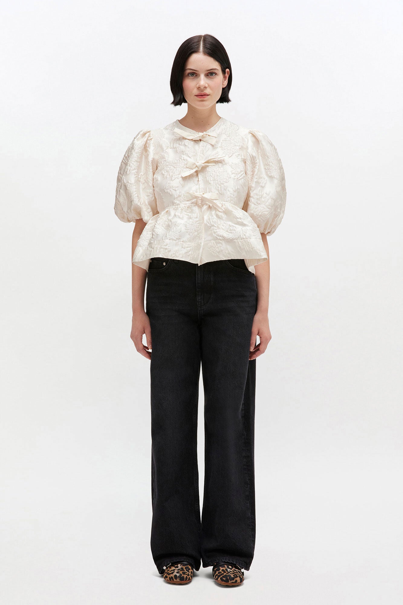 Satin Peplum Tie Blouse Egret