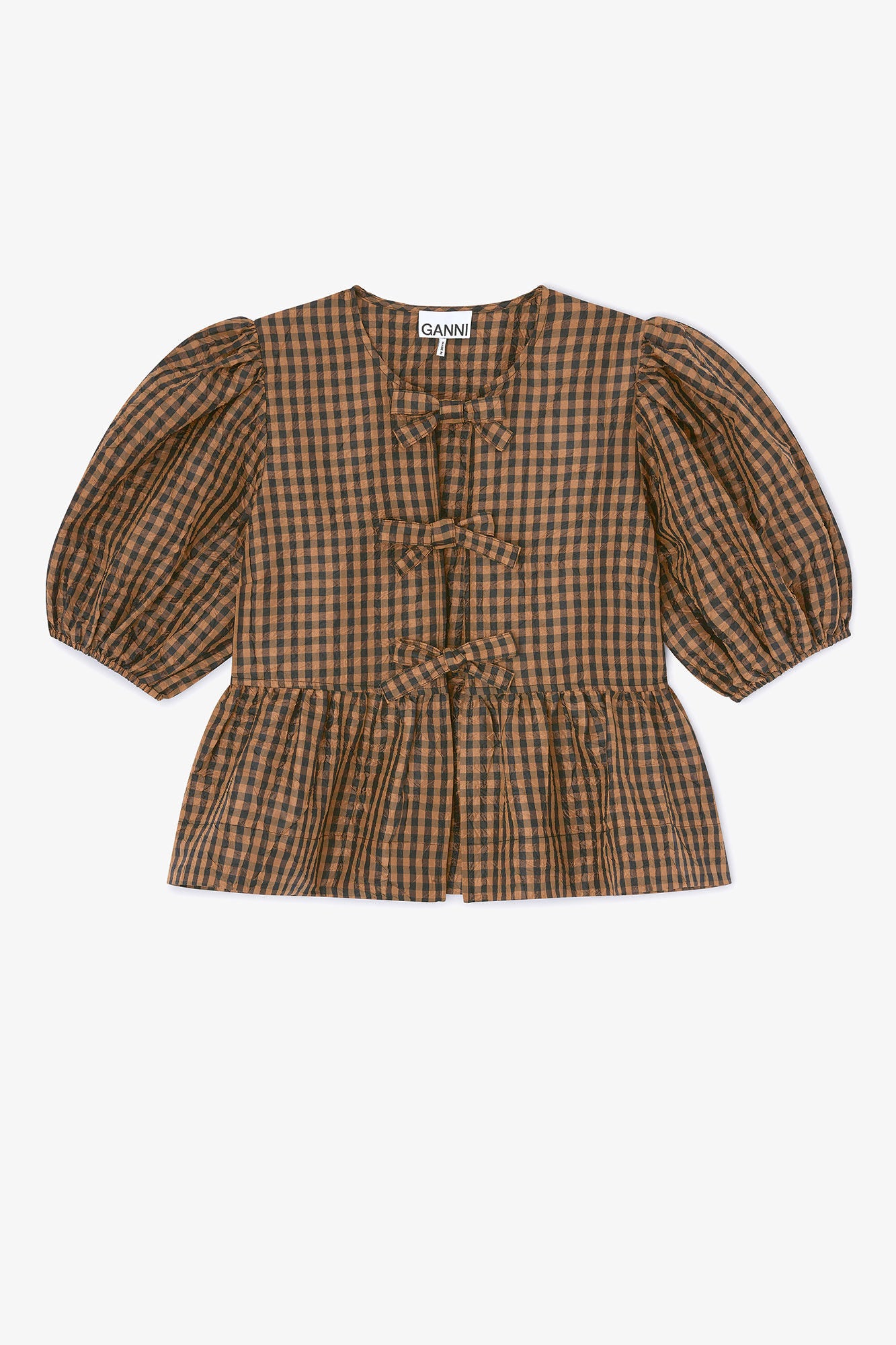 Crinkled Check Blouse Tobacco Brown