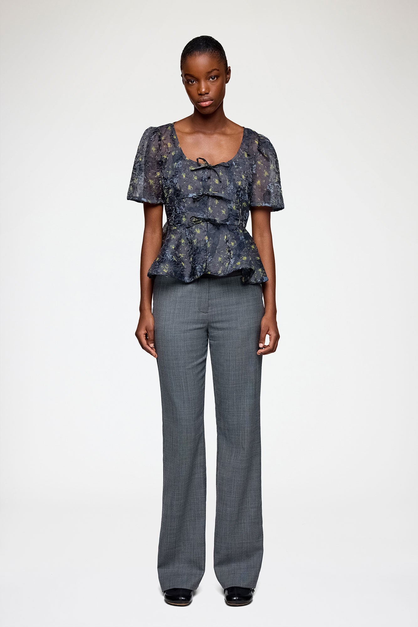 Peplum Blouse in Shibori Organza Black Sand