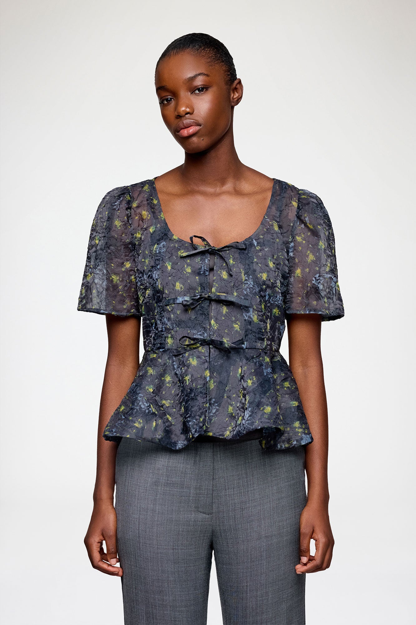 Peplum Blouse in Shibori Organza Black Sand
