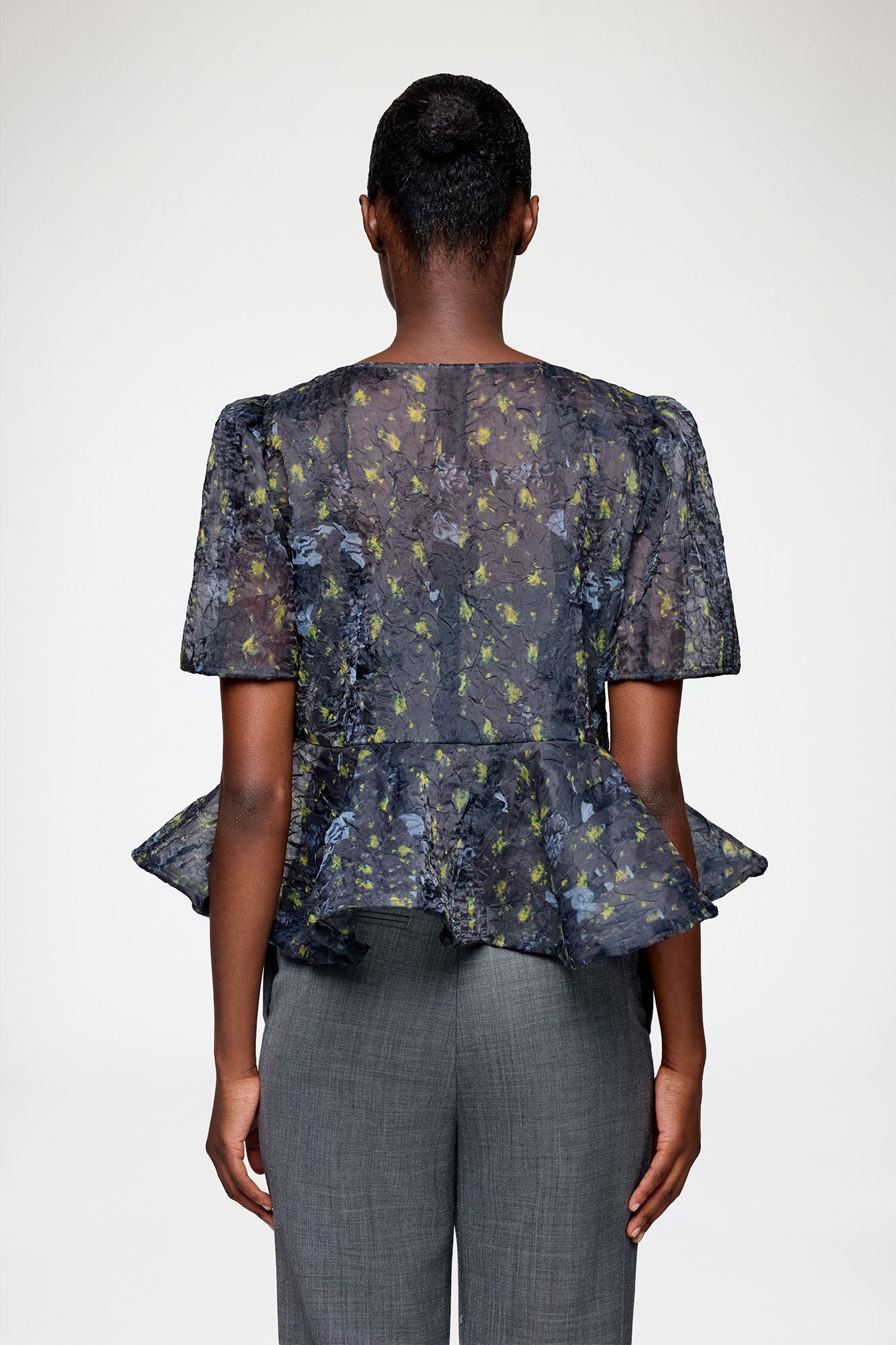 Peplum Blouse in Shibori Organza Black Sand