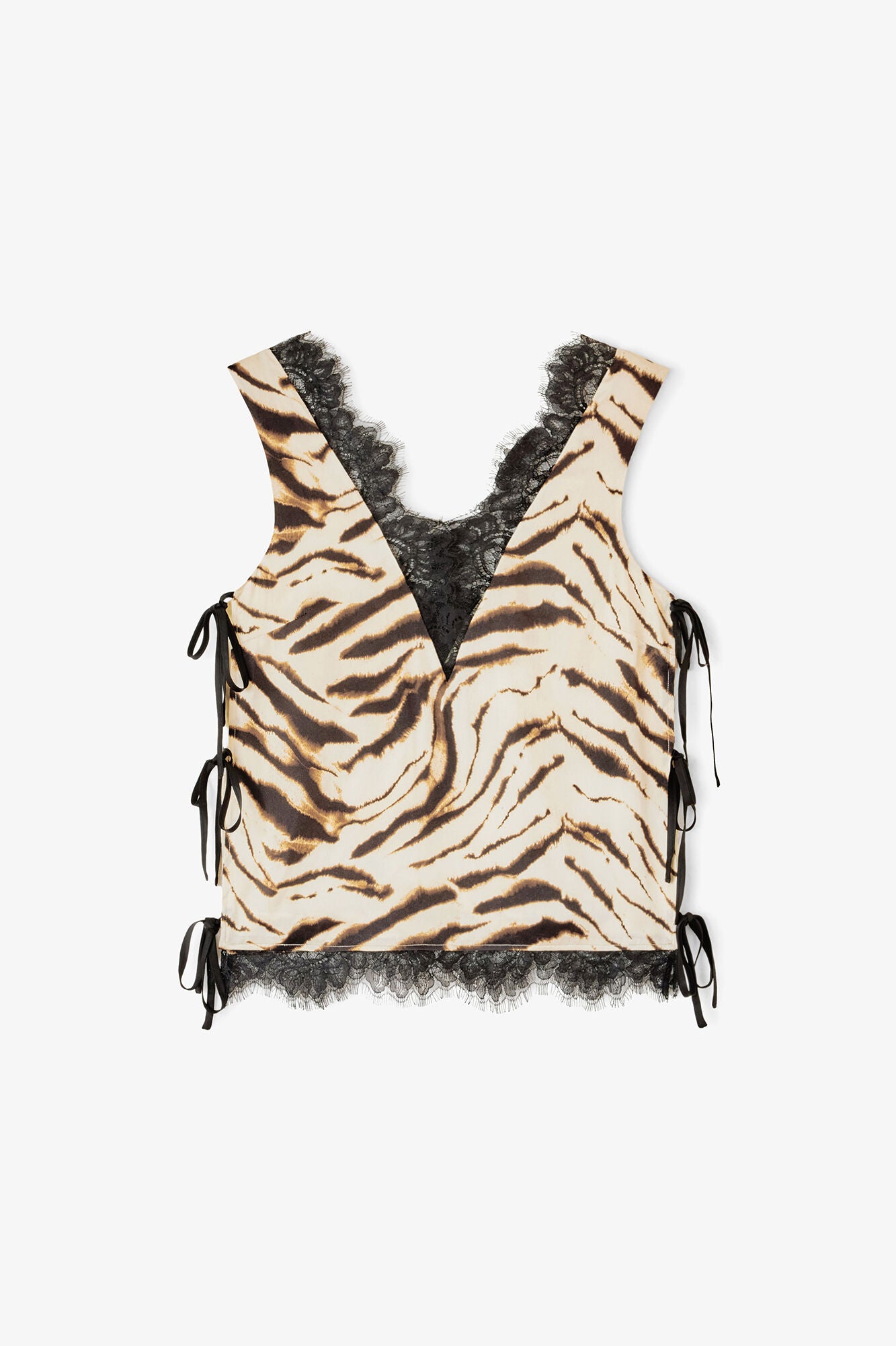 Ganni Printed Stretch Satin V-neck Lace Slip Top Zebra