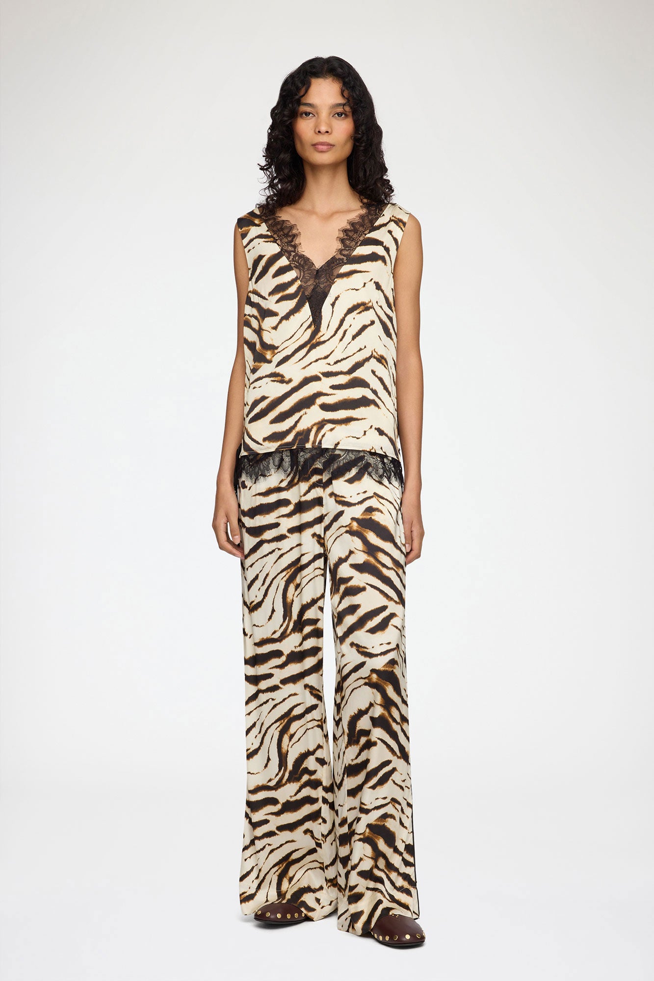 Ganni Printed Stretch Satin V-neck Lace Slip Top Zebra