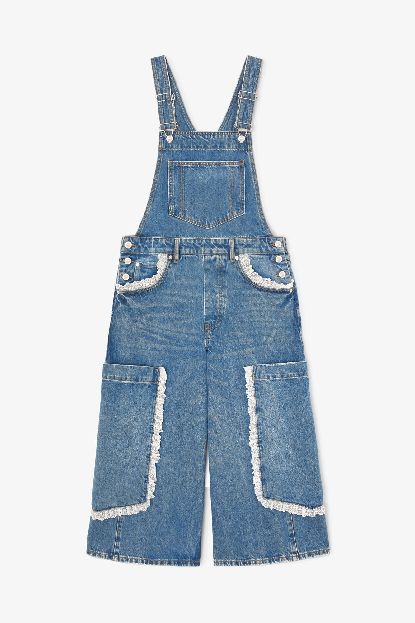 Ganni Overalls Cropped Lace in Rigid Denim