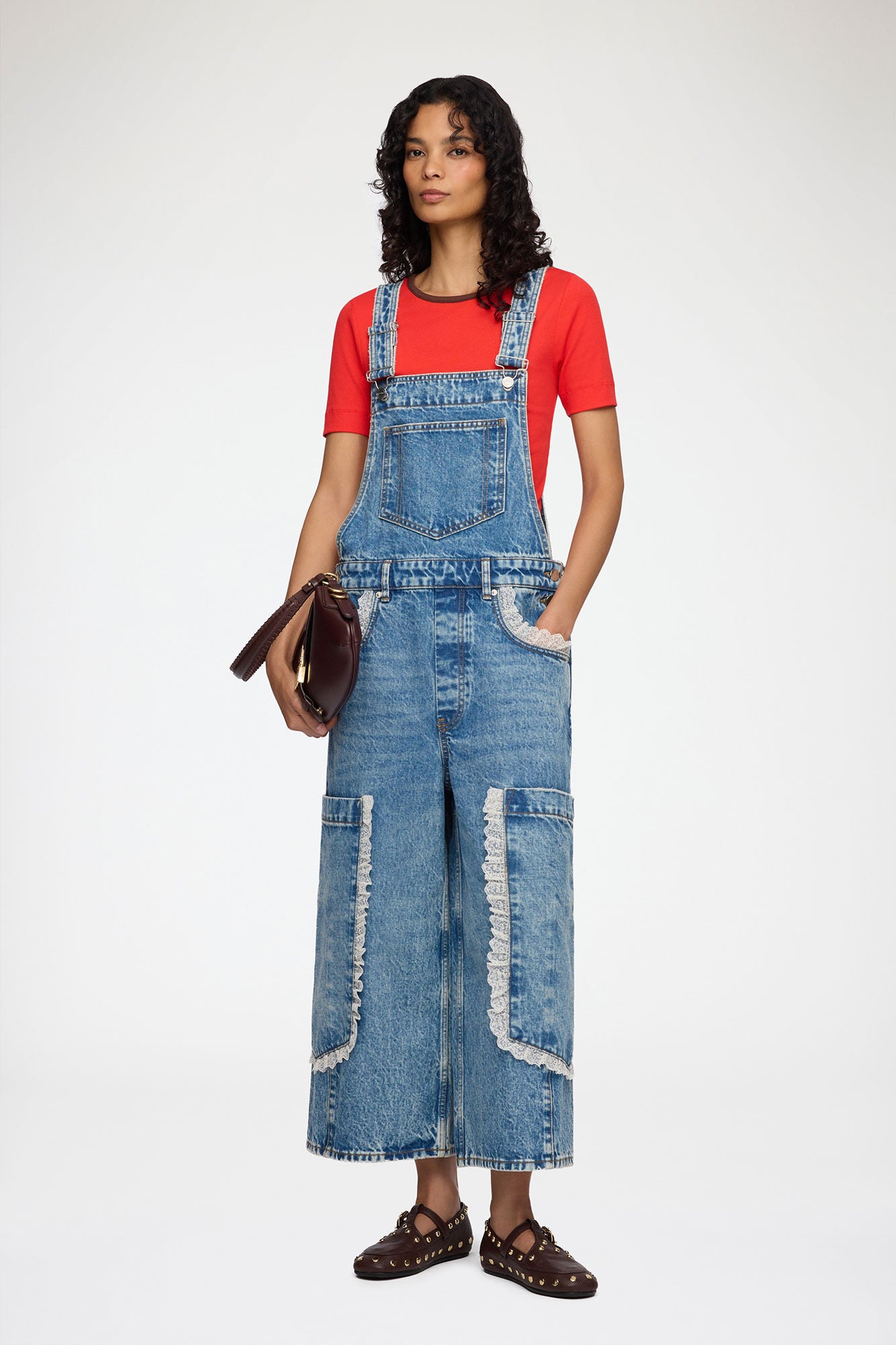 Ganni Overalls Cropped Lace in Rigid Denim