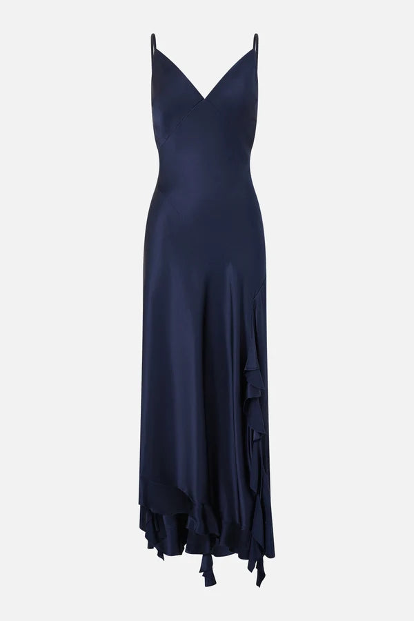 Camilla Bias Slip Dress With Frill Hem Navy