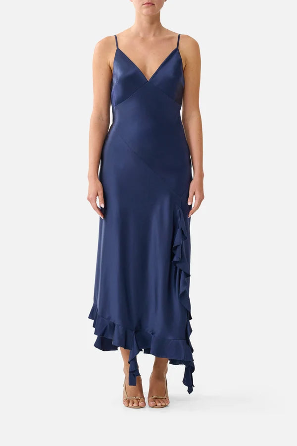 Camilla Bias Slip Dress With Frill Hem Navy