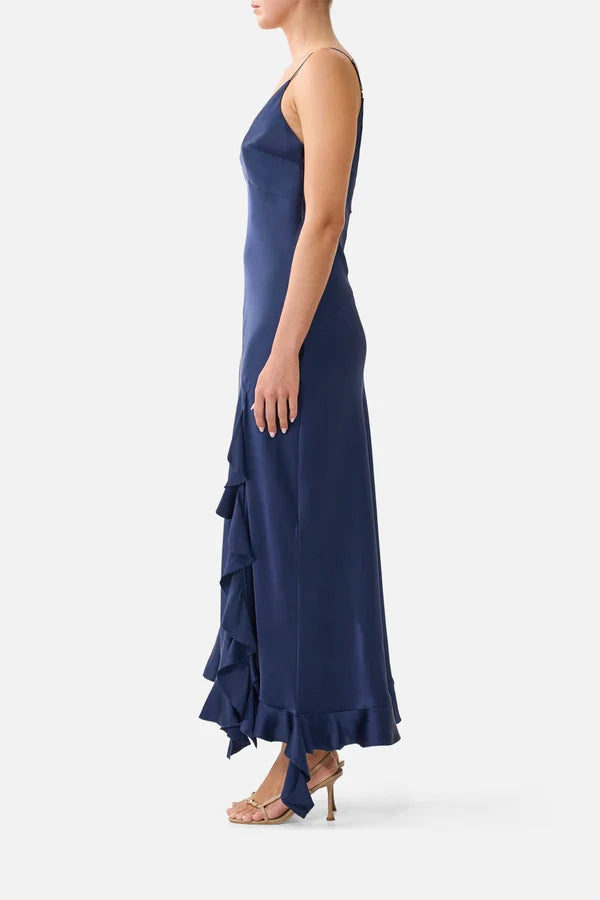 Camilla Bias Slip Dress With Frill Hem Navy