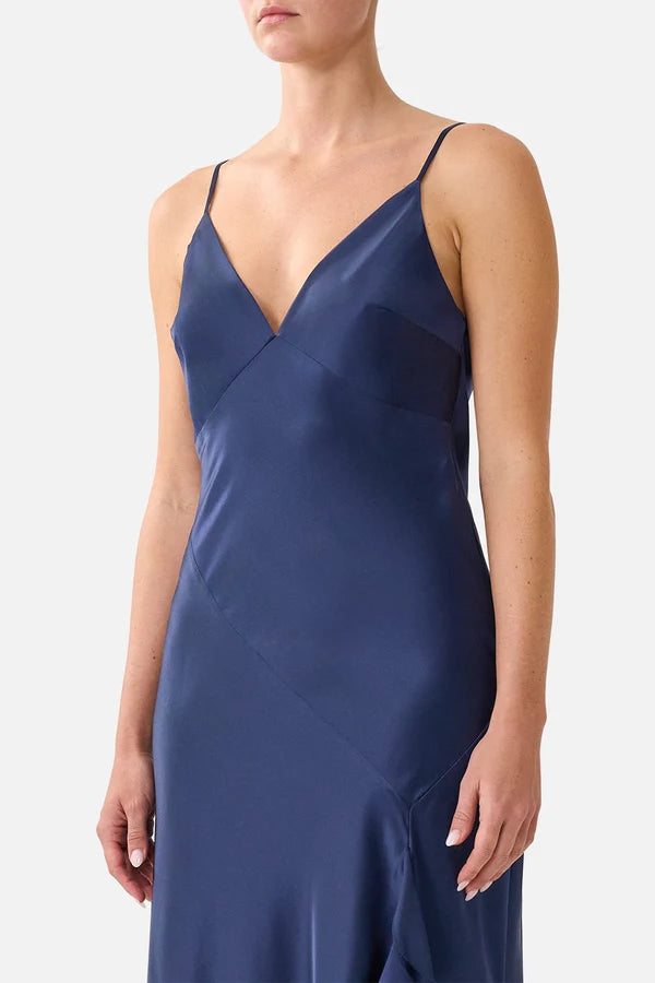 Camilla Bias Slip Dress With Frill Hem Navy