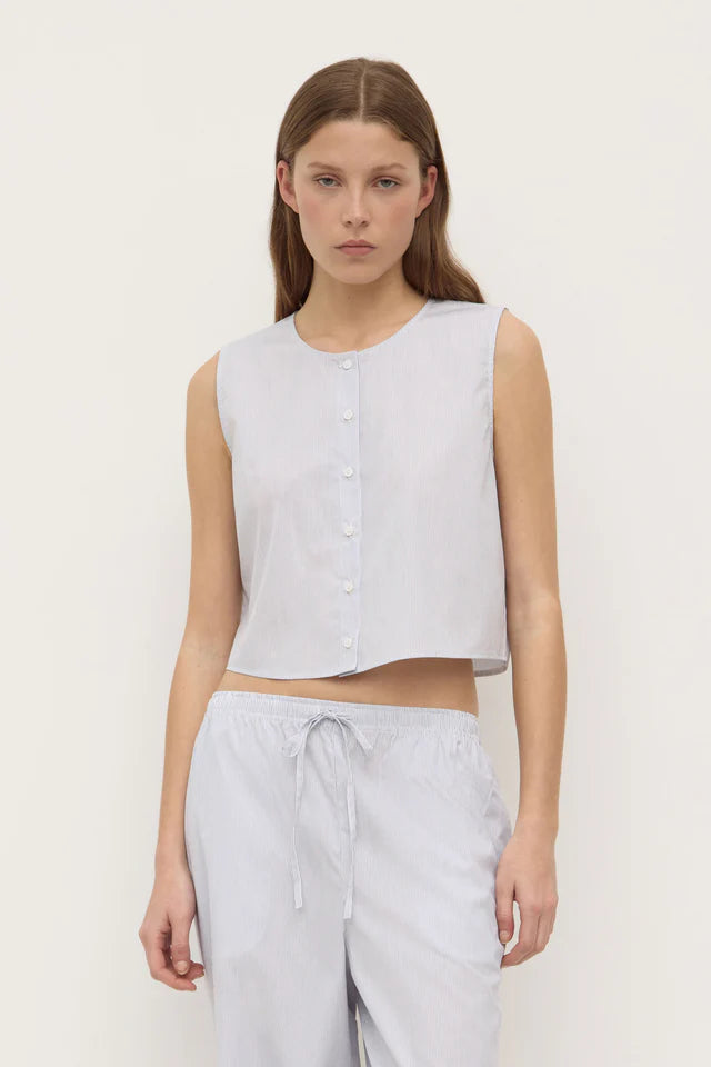 Cora Stripe Button Front Top White Navy Stripe