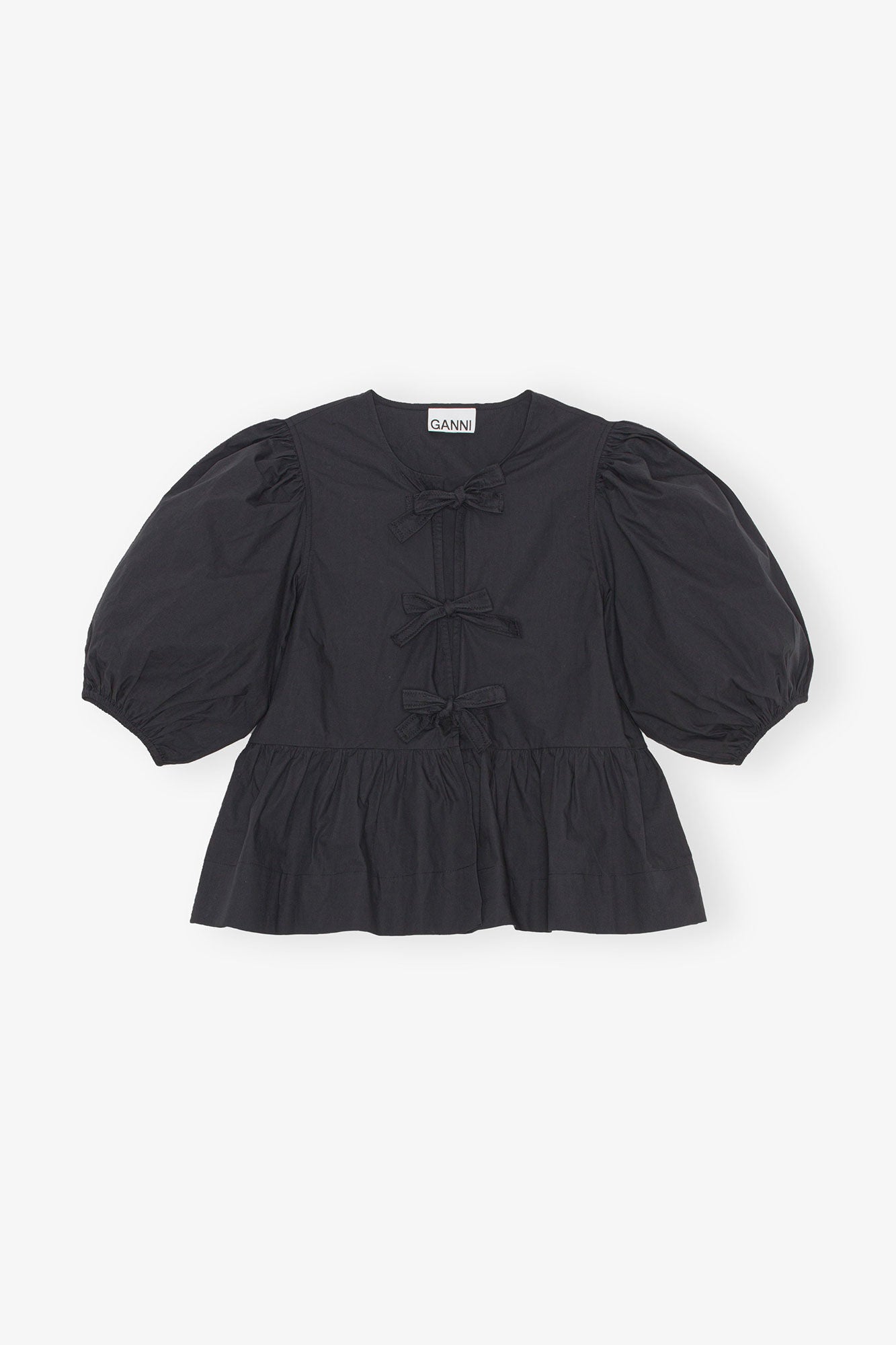 Cotton Poplin Peplum Tie Blouse Black