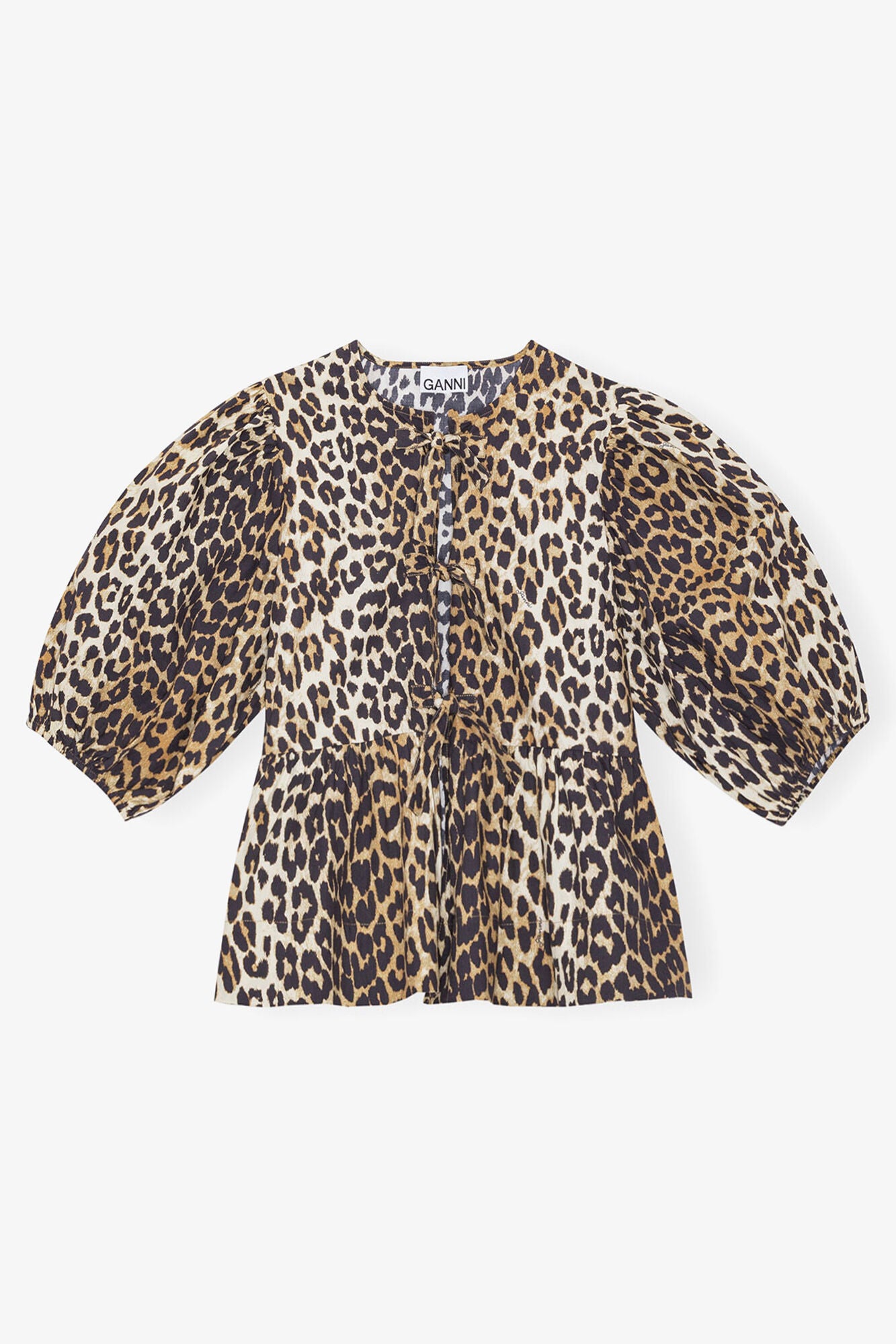 Leopard Cotton Poplin Peplum Tie Blouse
