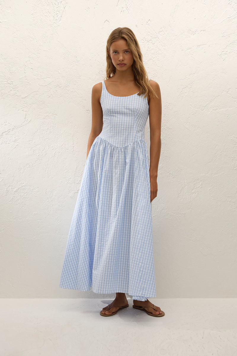 Faithfull the Brand Chiara Midi Dress Paloma Check Light Blue